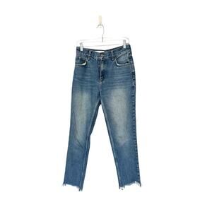 Pilcro Medium Wash Cotton High Rise Slim Raw Hem Straight Leg Jean
